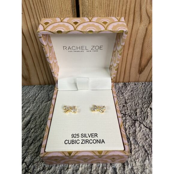 NIB Rachel Zoe Bow Cubic Zirconia Sterling Silver Vermeil Earrings - Picture 1 of 8